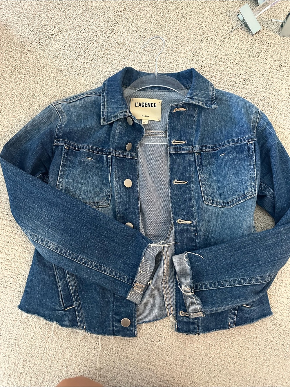 L'AGENCE Distressed Dark Blue Denim Jacket